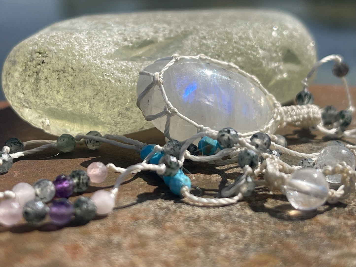 Stunning rainbow moonstone necklace, moonstone pendant, rainbow gemstone, Handmade gemstone necklace, boho gift for her. Macrame jewellery.