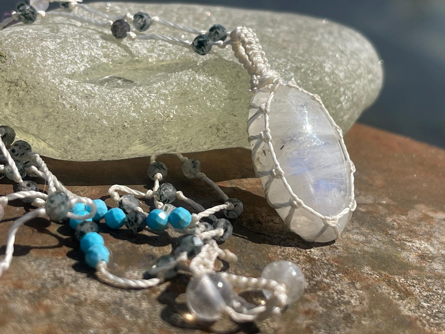 Stunning rainbow moonstone necklace, moonstone pendant, rainbow gemstone, Handmade gemstone necklace, boho gift for her. Macrame jewellery.