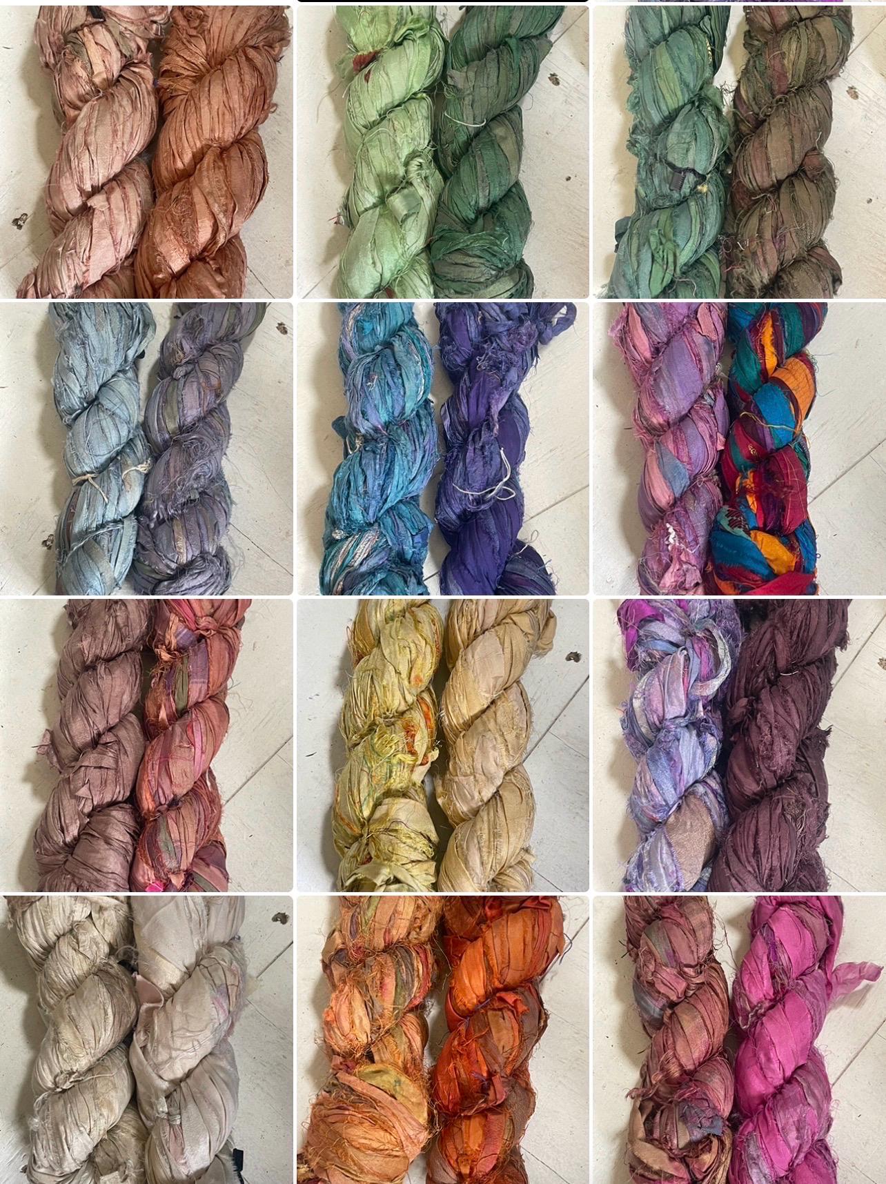 TWO rolls of Recycled sari scrap ribbon. Eco friendly ribbon. Sustainable craft supplies. Yellow, blue, orange, green, white, cream, purple