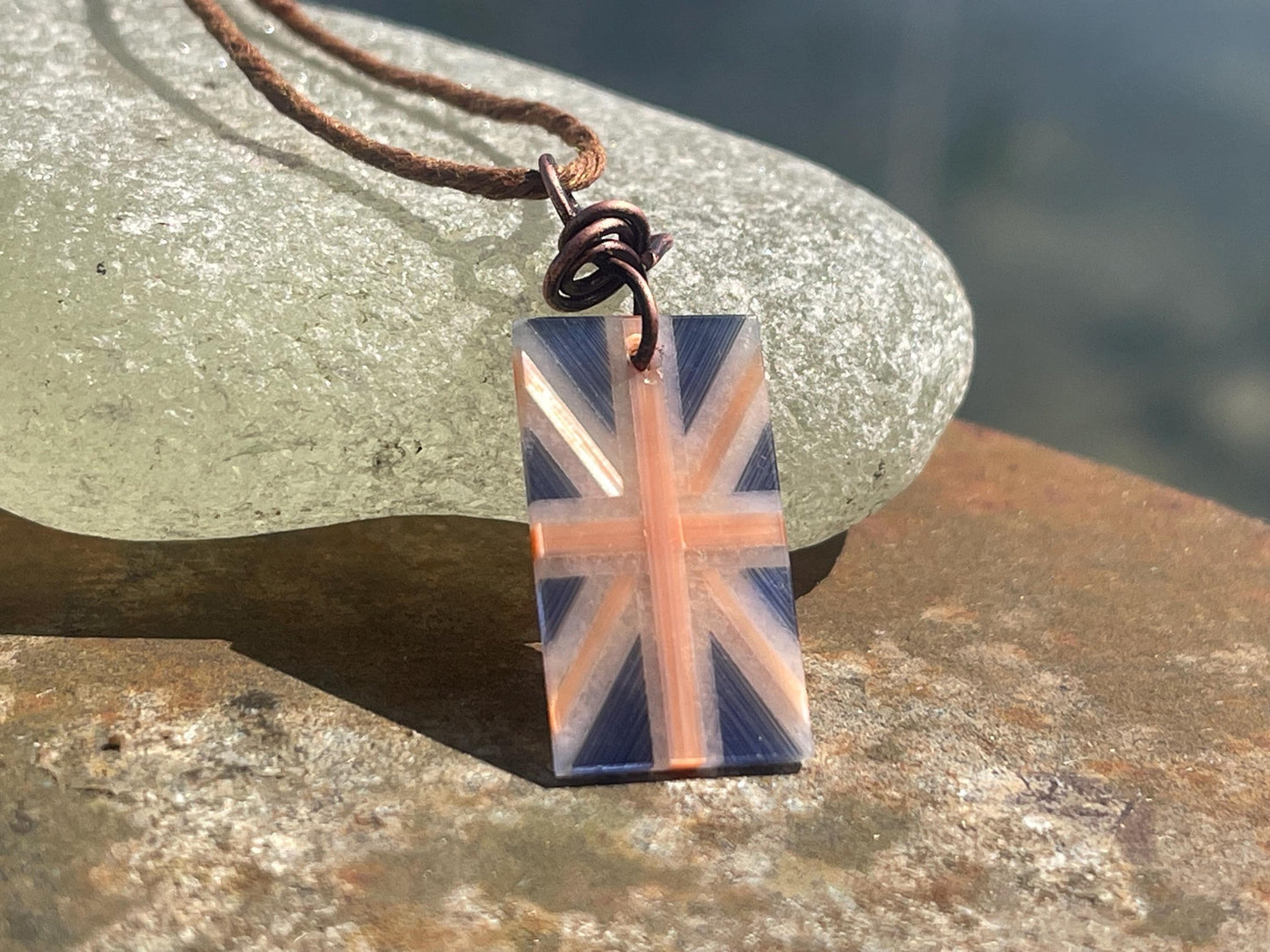 Fused gemstone Union Jack necklace on recycled copper. Ethical and unique jewellery. Unique English jewellery. British flag jewellery