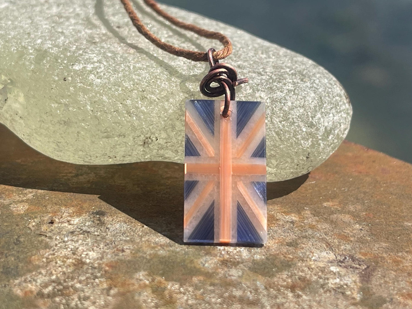 Fused gemstone Union Jack necklace on recycled copper. Ethical and unique jewellery. Unique English jewellery. British flag jewellery