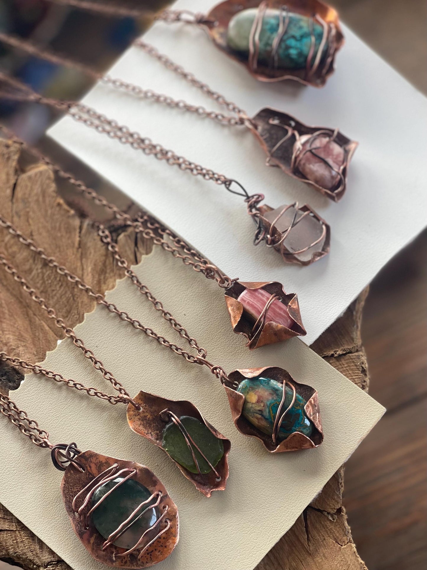 Eco friendly handmade necklace made from Chrysocolla & naturally weathered recycled copper. Ethical jewellery. Unique handmade jewellery.