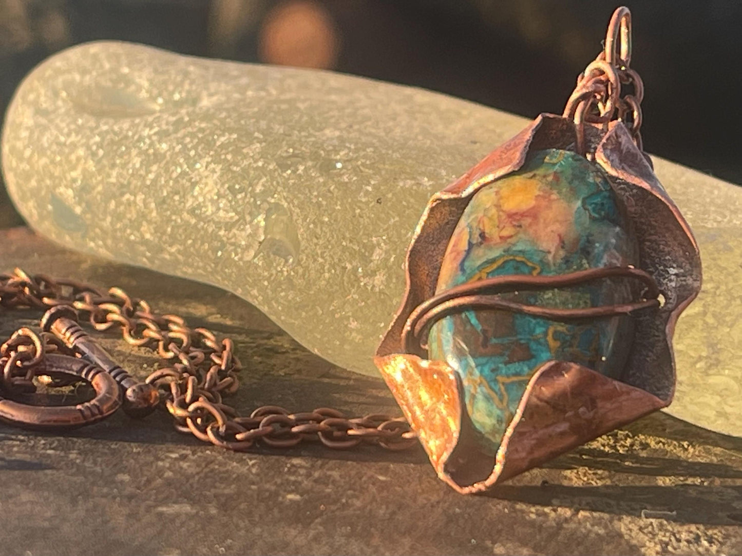 Eco friendly handmade necklace made from Chrysocolla & naturally weathered recycled copper. Ethical jewellery. Unique handmade jewellery.
