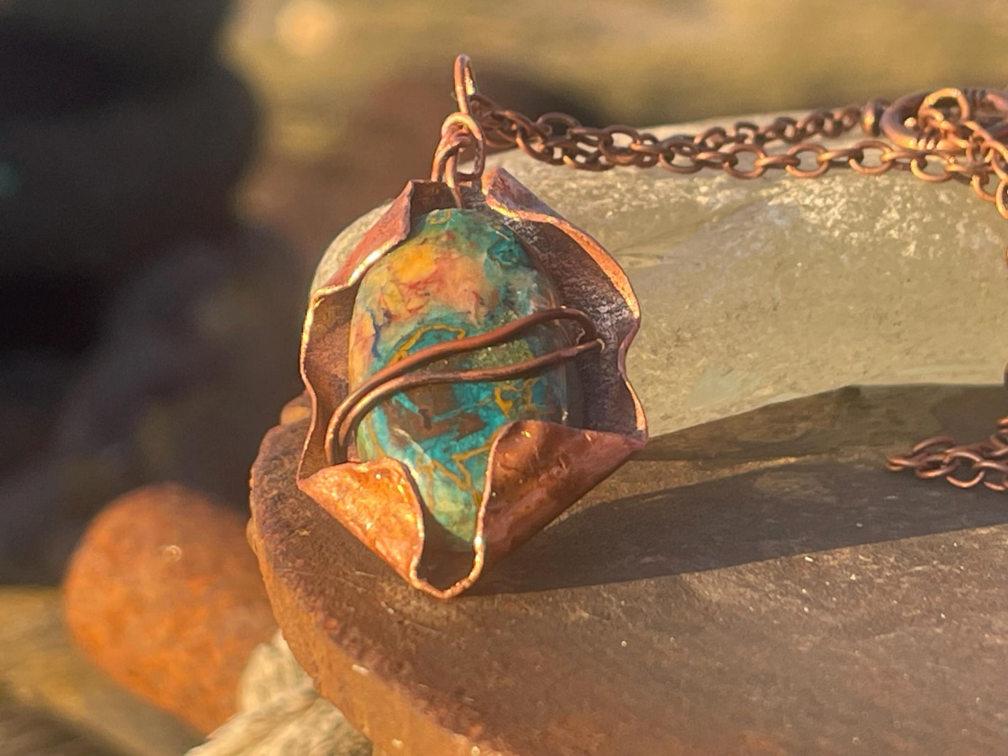 Eco friendly handmade necklace made from Chrysocolla & naturally weathered recycled copper. Ethical jewellery. Unique handmade jewellery.