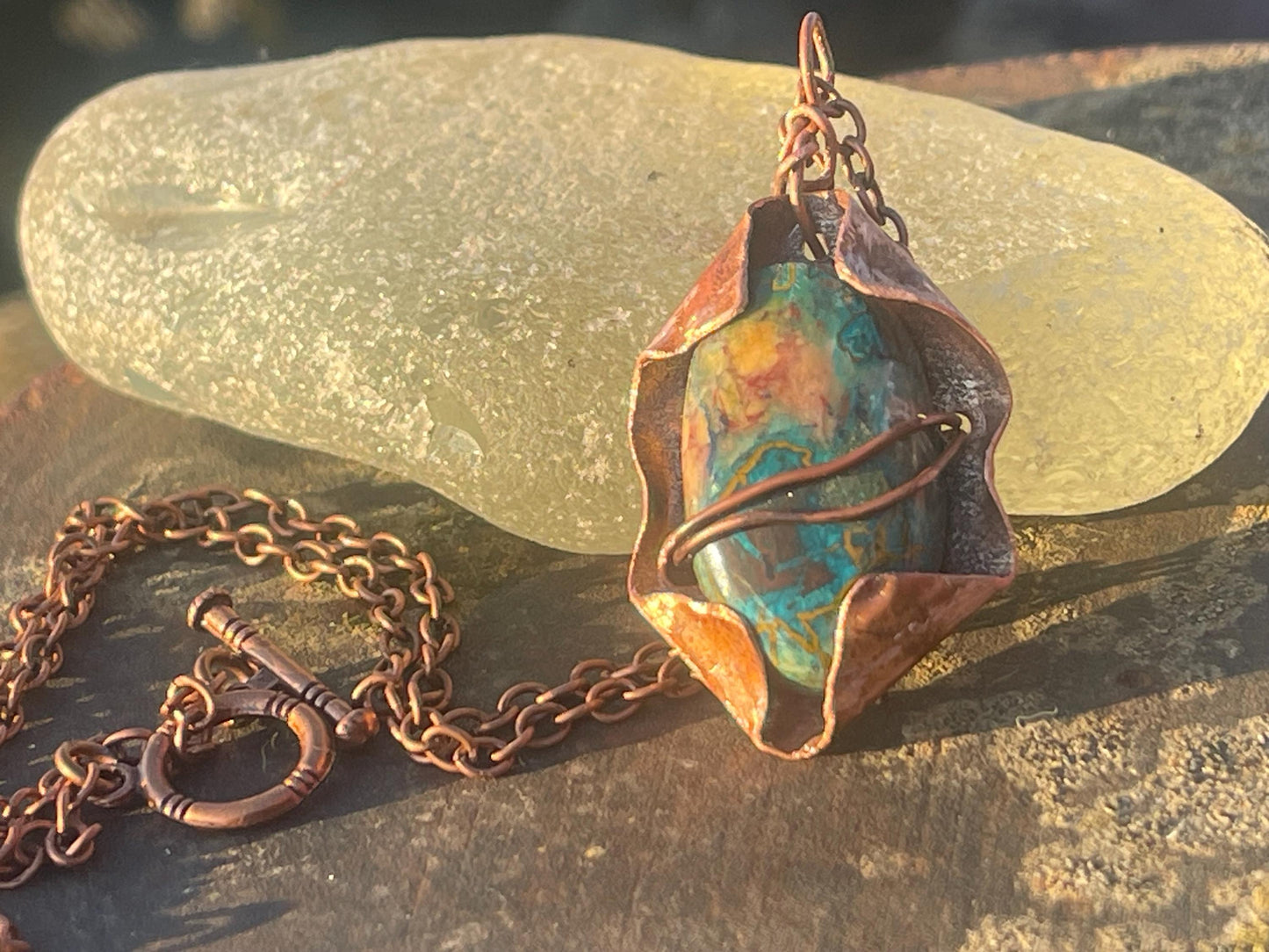 Eco friendly handmade necklace made from Chrysocolla & naturally weathered recycled copper. Ethical jewellery. Unique handmade jewellery.
