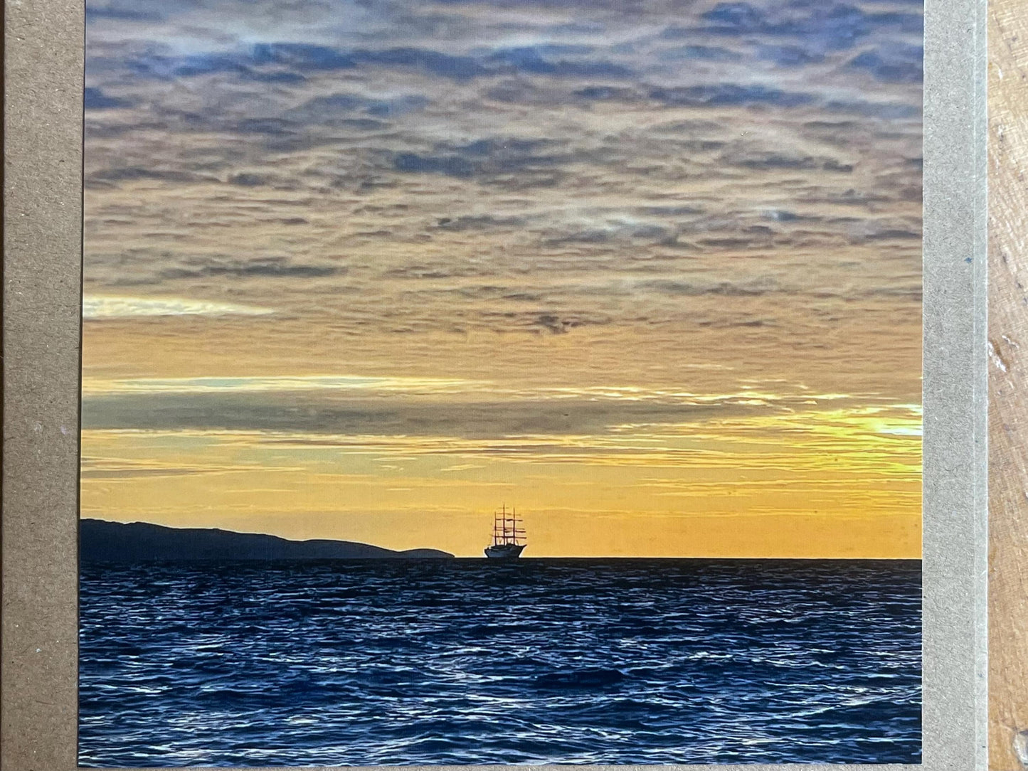 Handmade card of a boat at sunset. Ethical recycled card, seaside card, boat card, eco friendly cards, eco card, recycled card. Croatia
