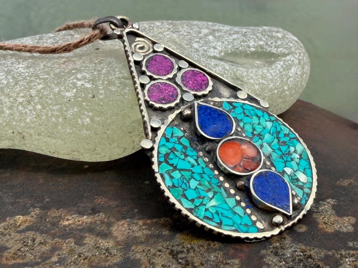 Large enamel necklace, turquoise jewellery, ethical jewellery, lapis necklace, boho necklace, large jewellery. Colourful necklace. Carnelian