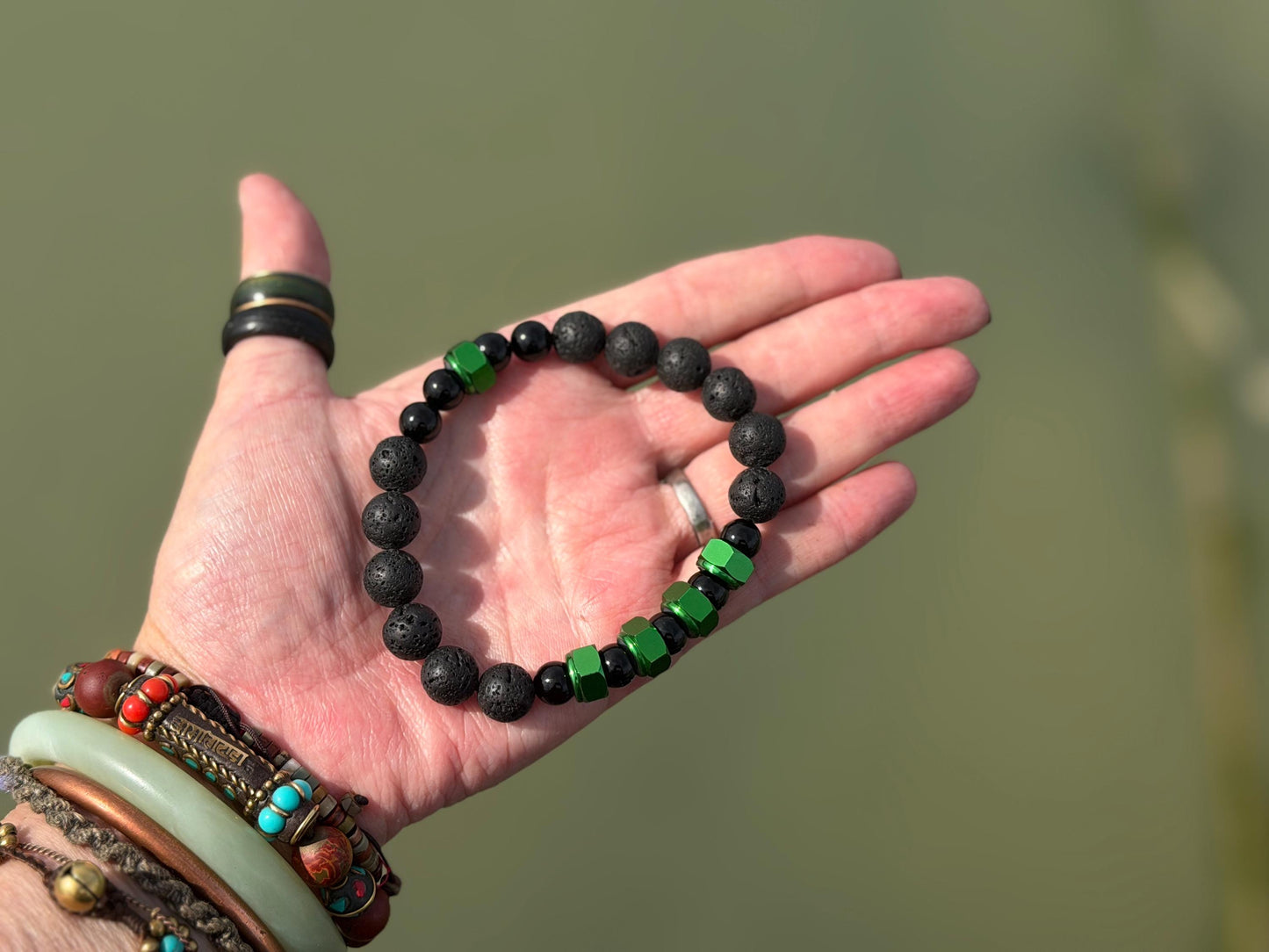 Nuts NO Bolts bracelet. Novelty gift for him. Bracelet for a man. Black bracelet made from nuts, lava and onyx. Gifts for men. Male bracelet