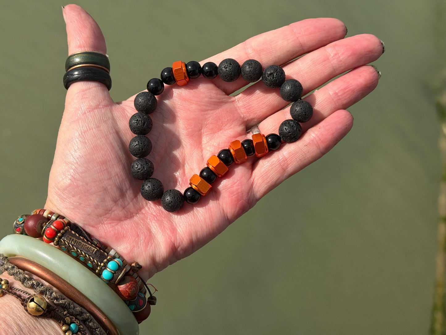 Nuts NO Bolts bracelet. Novelty gift for him. Bracelet for a man. Black bracelet made from nuts, lava and onyx. Gifts for men. Male bracelet