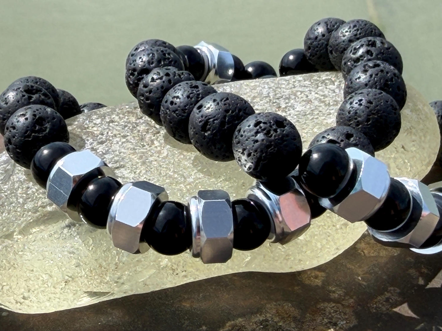 Nuts NO Bolts bracelet. Novelty gift for him. Bracelet for a man. Black bracelet made from nuts, lava and onyx. Gifts for men. Male bracelet