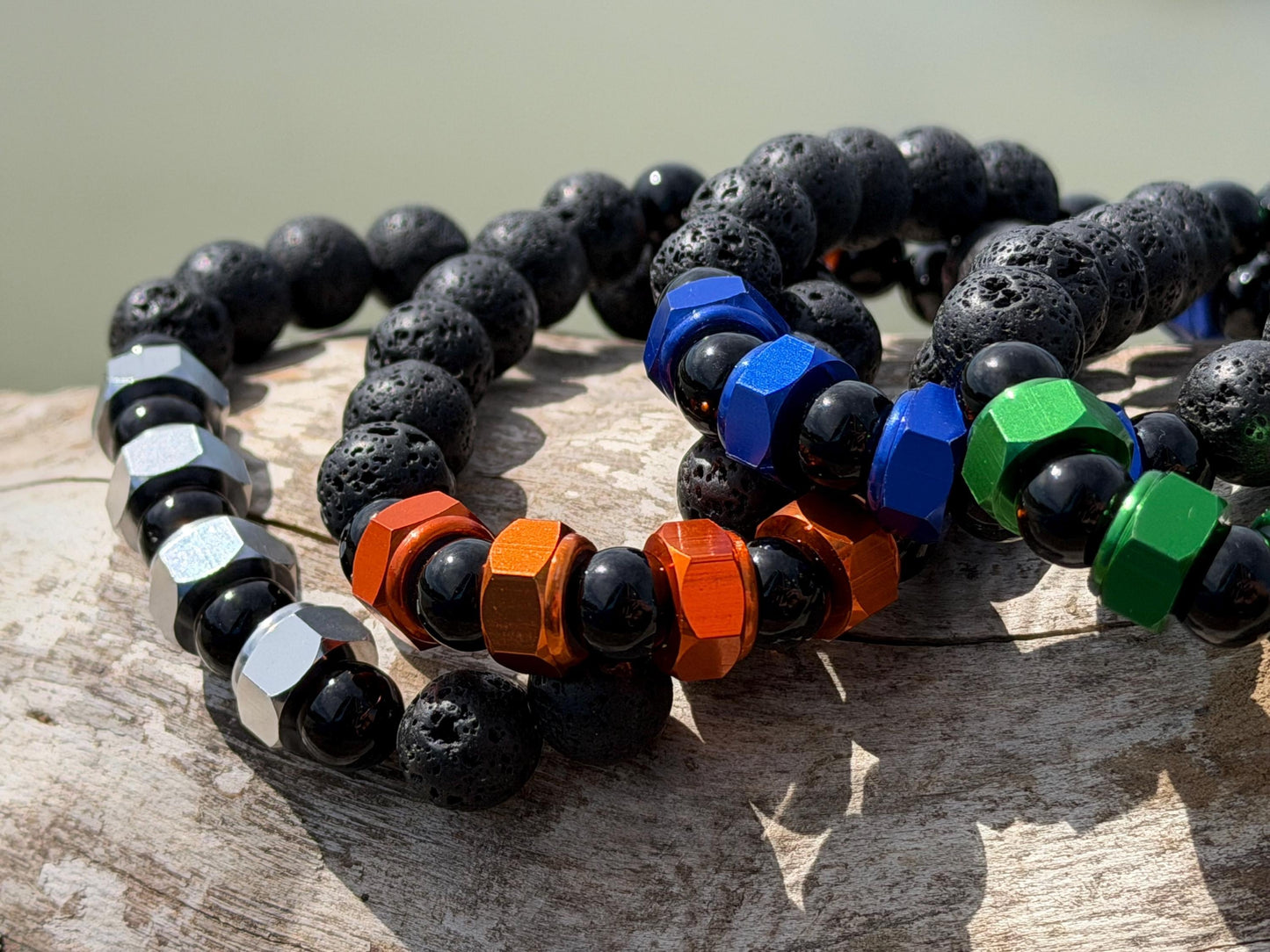 Nuts NO Bolts bracelet. Novelty gift for him. Bracelet for a man. Black bracelet made from nuts, lava and onyx. Gifts for men. Male bracelet