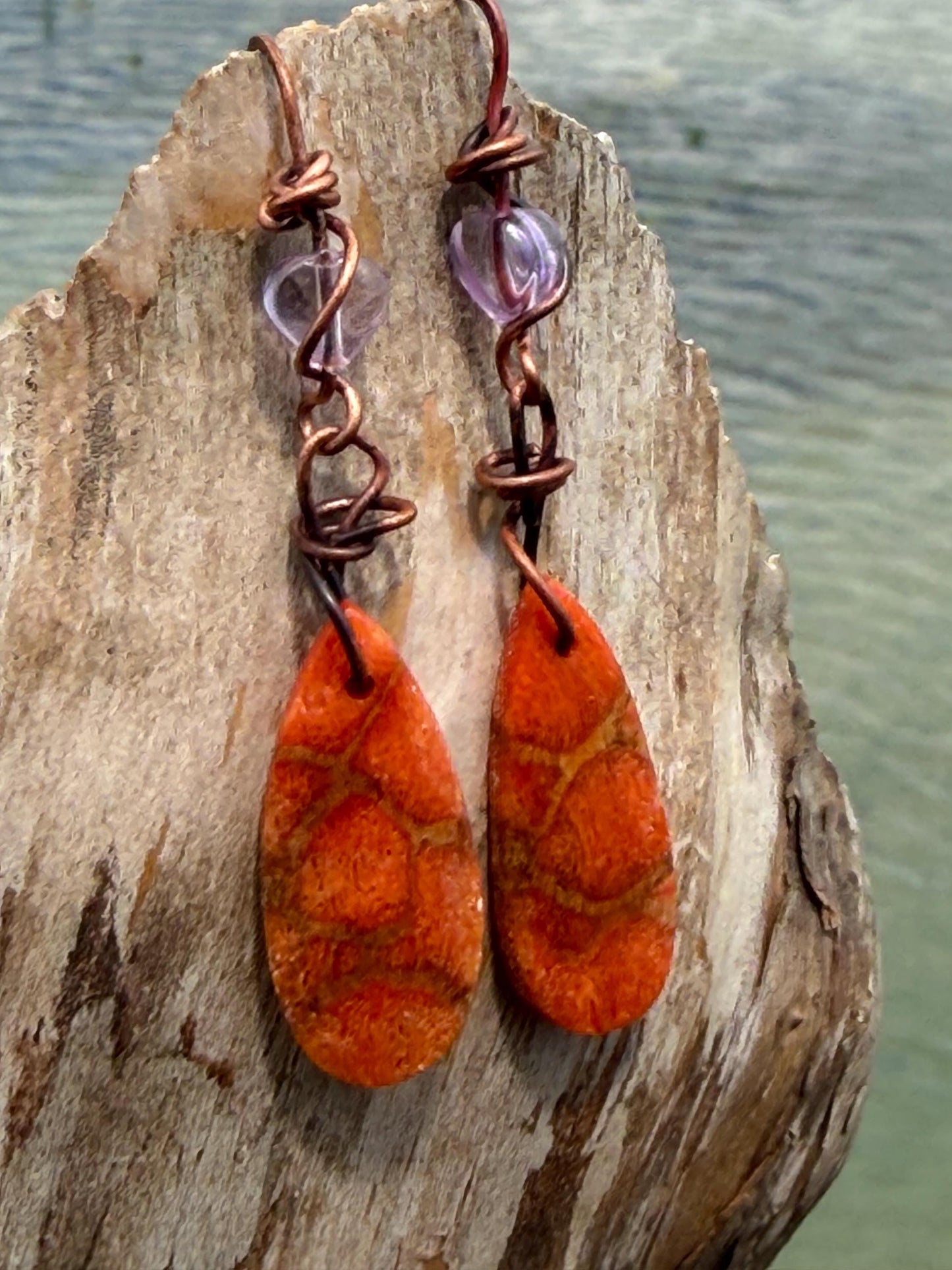 Orange calcite gemstone earrings. Long drop dangly earrings. Orange gemstone earrings. Ethical jewellery, orange jewellery. Handmade.