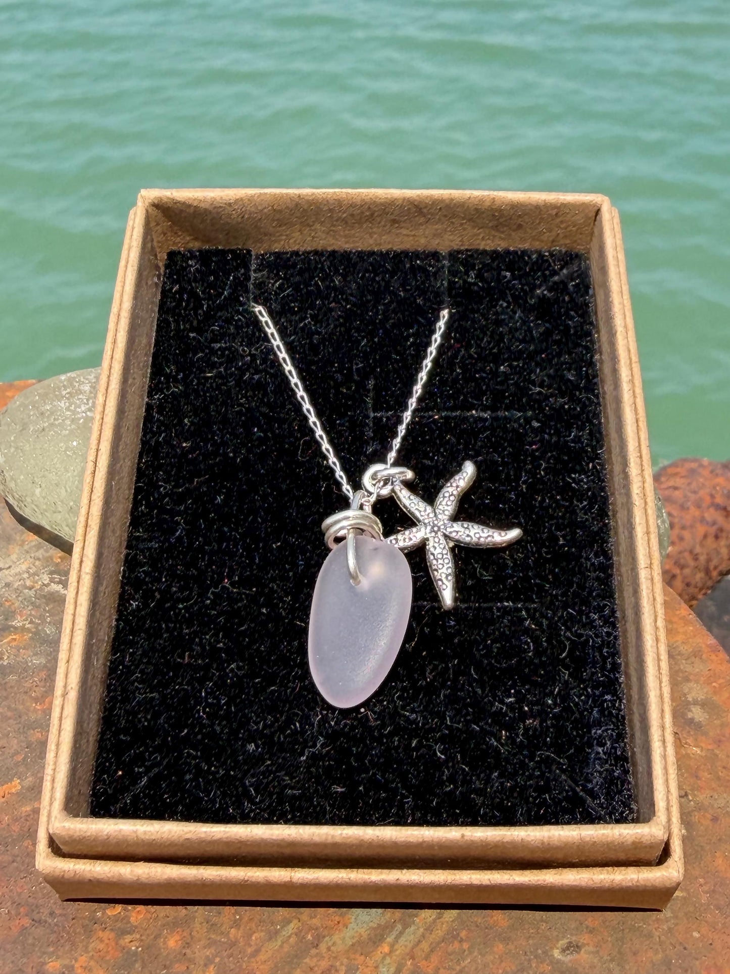 Eco friendly sea glass necklace on recycled sterling silver. Eco friendly jewellery. Ethical handmade jewellery. Starfish necklace.