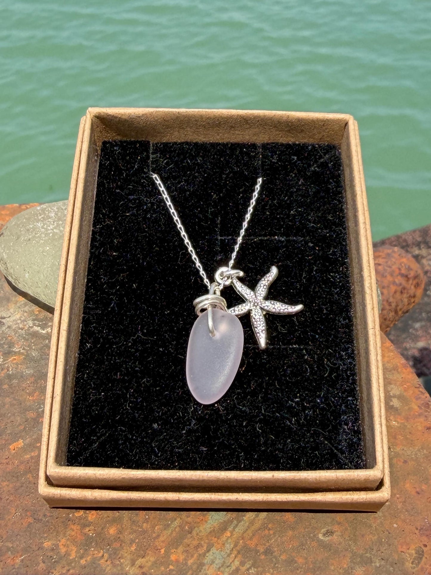 Eco friendly sea glass necklace on recycled sterling silver. Eco friendly jewellery. Ethical handmade jewellery. Starfish necklace.