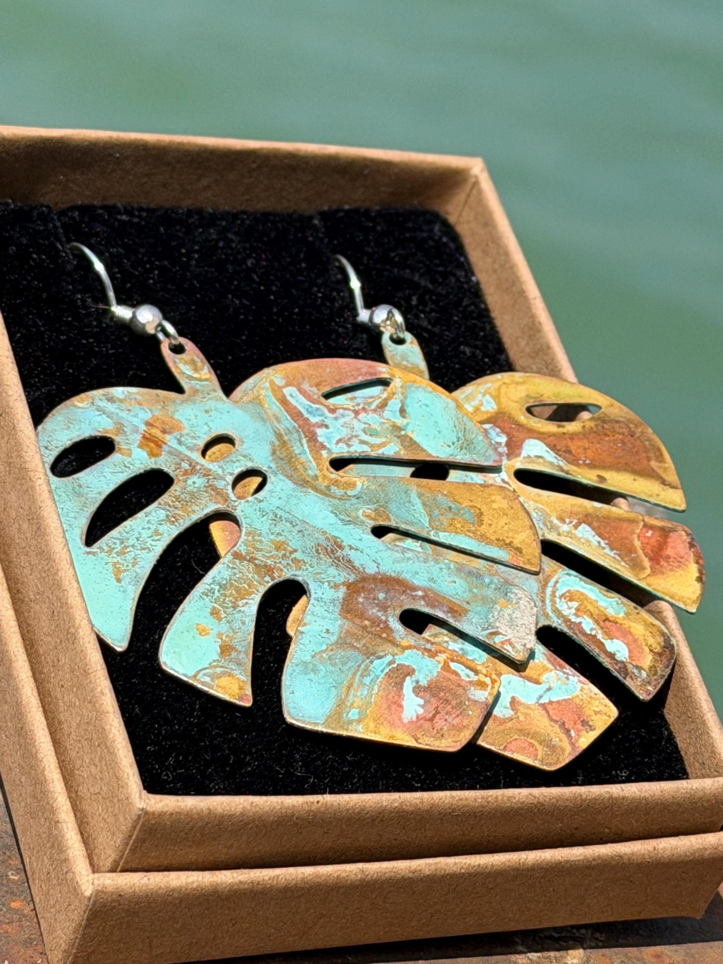 Handmade leaf earrings. Rustic earrings, unusual earrings, unusual gift for her, blue earrings, boho earrings, large statement earrings.