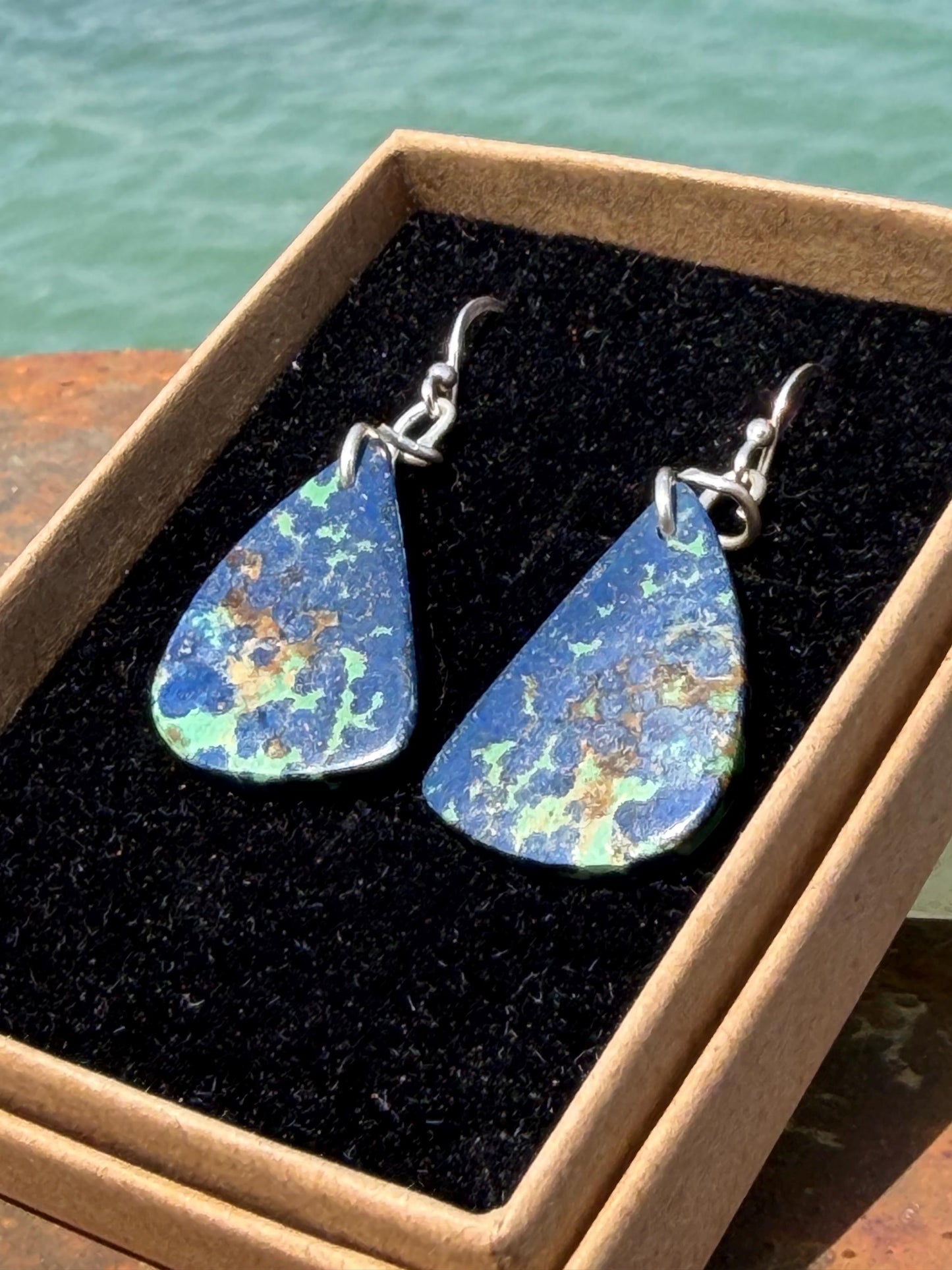 Chrysocolla gemstone earrings on recycled sterling silver. Ethical jewellery, blue gemstone earrings. Stunning unique jewellery. Unique gift
