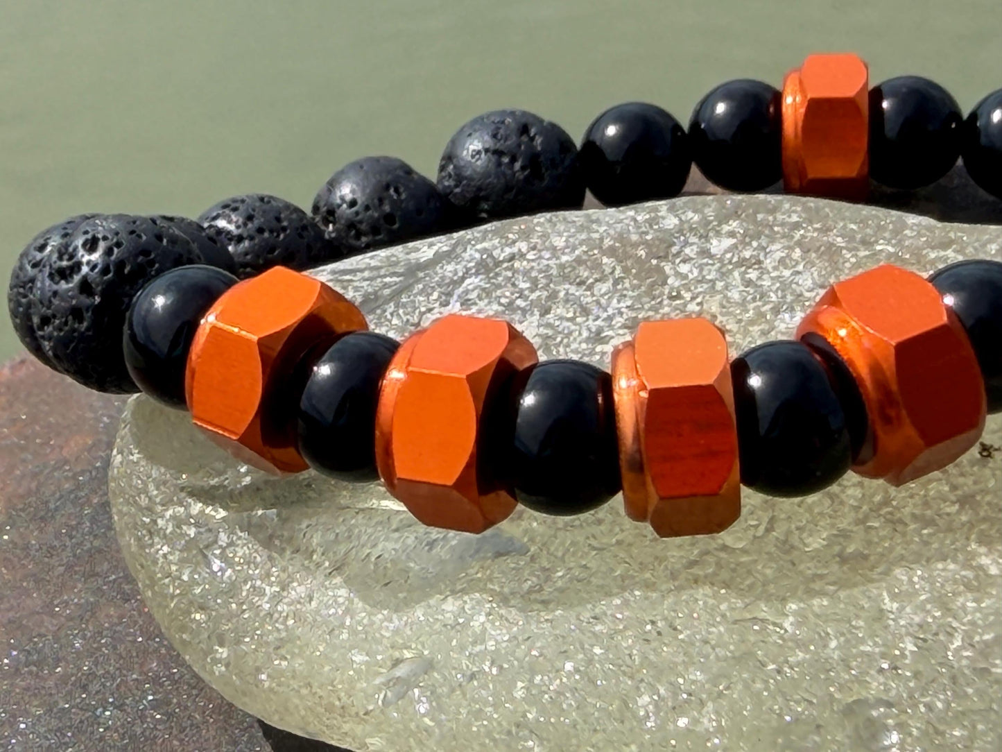 Nuts NO Bolts bracelet. Novelty gift for him. Bracelet for a man. Black bracelet made from nuts, lava and onyx. Gifts for men. Male bracelet