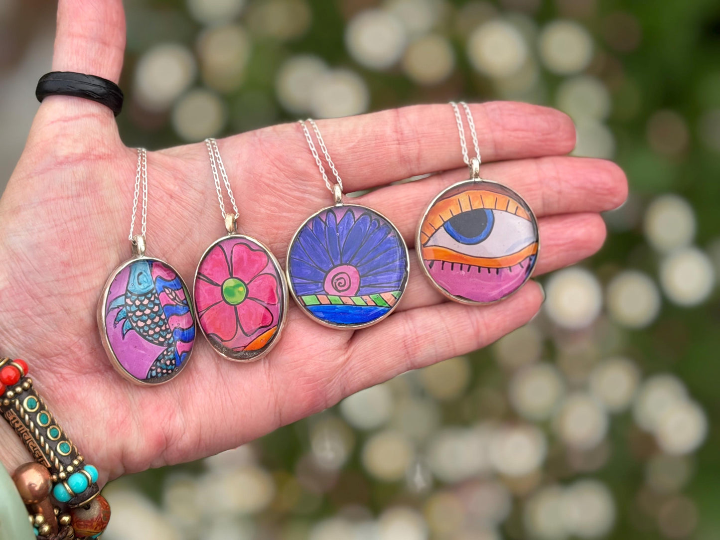 Bright joyful necklaces made with my own pictures & recycled sterling silver. Eco friendly jewellery. Boho colourful pendants. Unique gifts