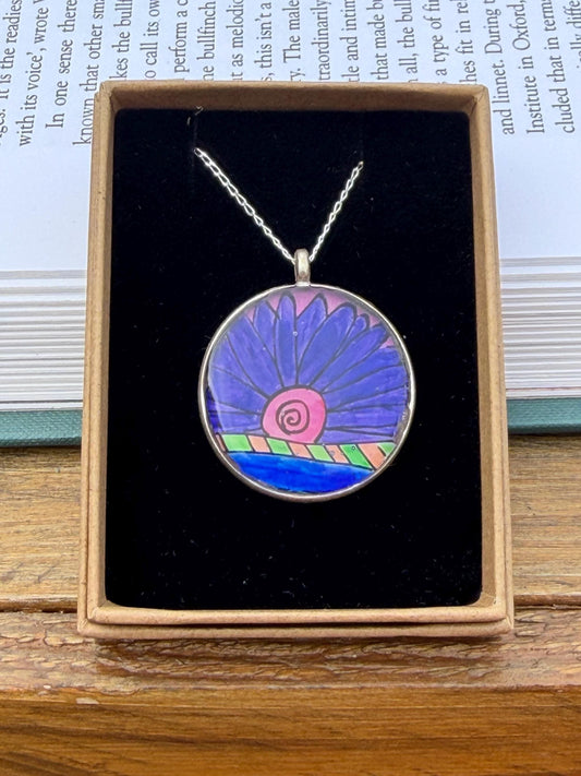 Bright joyful necklaces made with my own pictures & recycled sterling silver. Eco friendly jewellery. Boho colourful pendants. Unique gifts