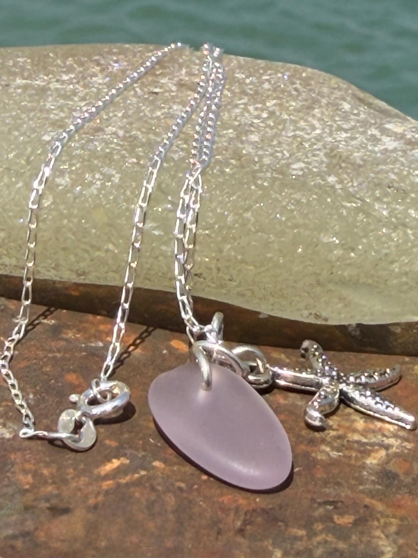 Eco friendly sea glass necklace on recycled sterling silver. Eco friendly jewellery. Ethical handmade jewellery. Starfish necklace.