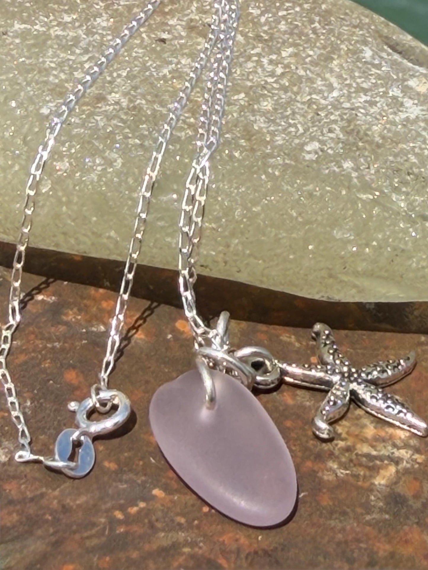 Eco friendly sea glass necklace on recycled sterling silver. Eco friendly jewellery. Ethical handmade jewellery. Starfish necklace.