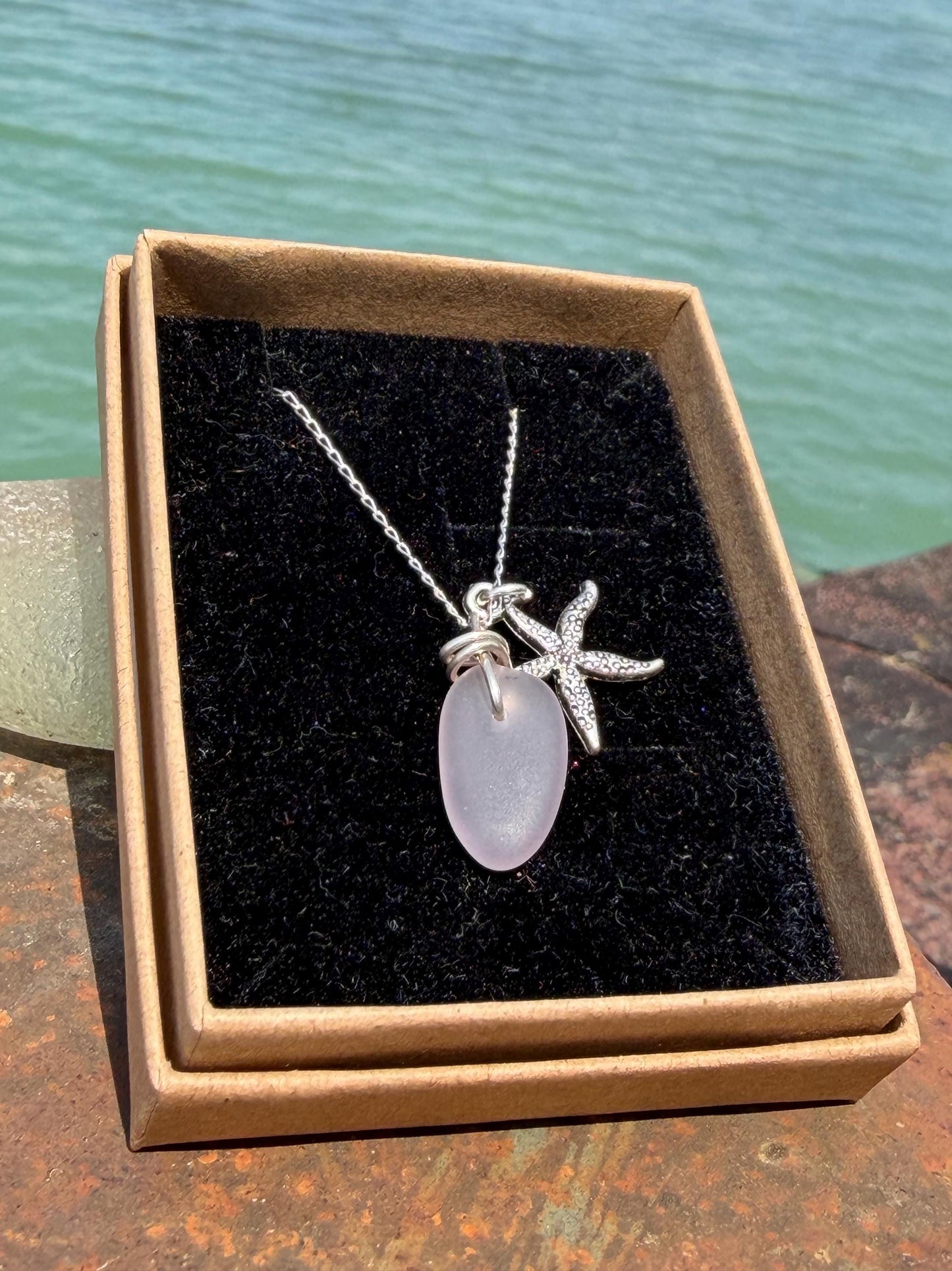 Eco friendly sea glass necklace on recycled sterling silver. Eco friendly jewellery. Ethical handmade jewellery. Starfish necklace.