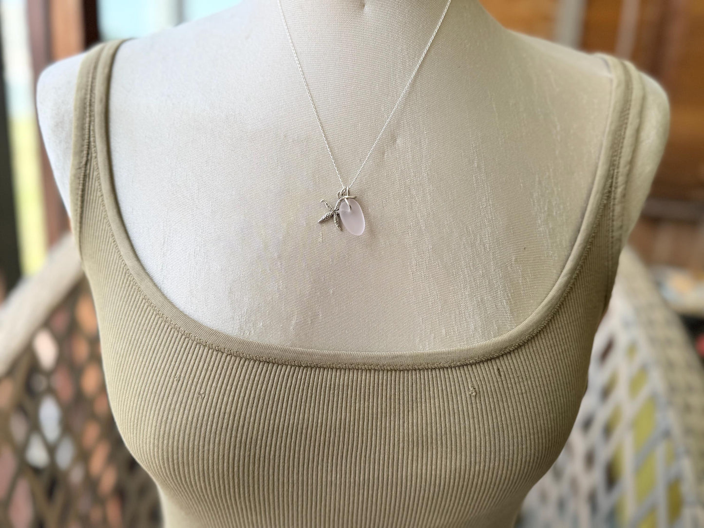 Eco friendly sea glass necklace on recycled sterling silver. Eco friendly jewellery. Ethical handmade jewellery. Starfish necklace.