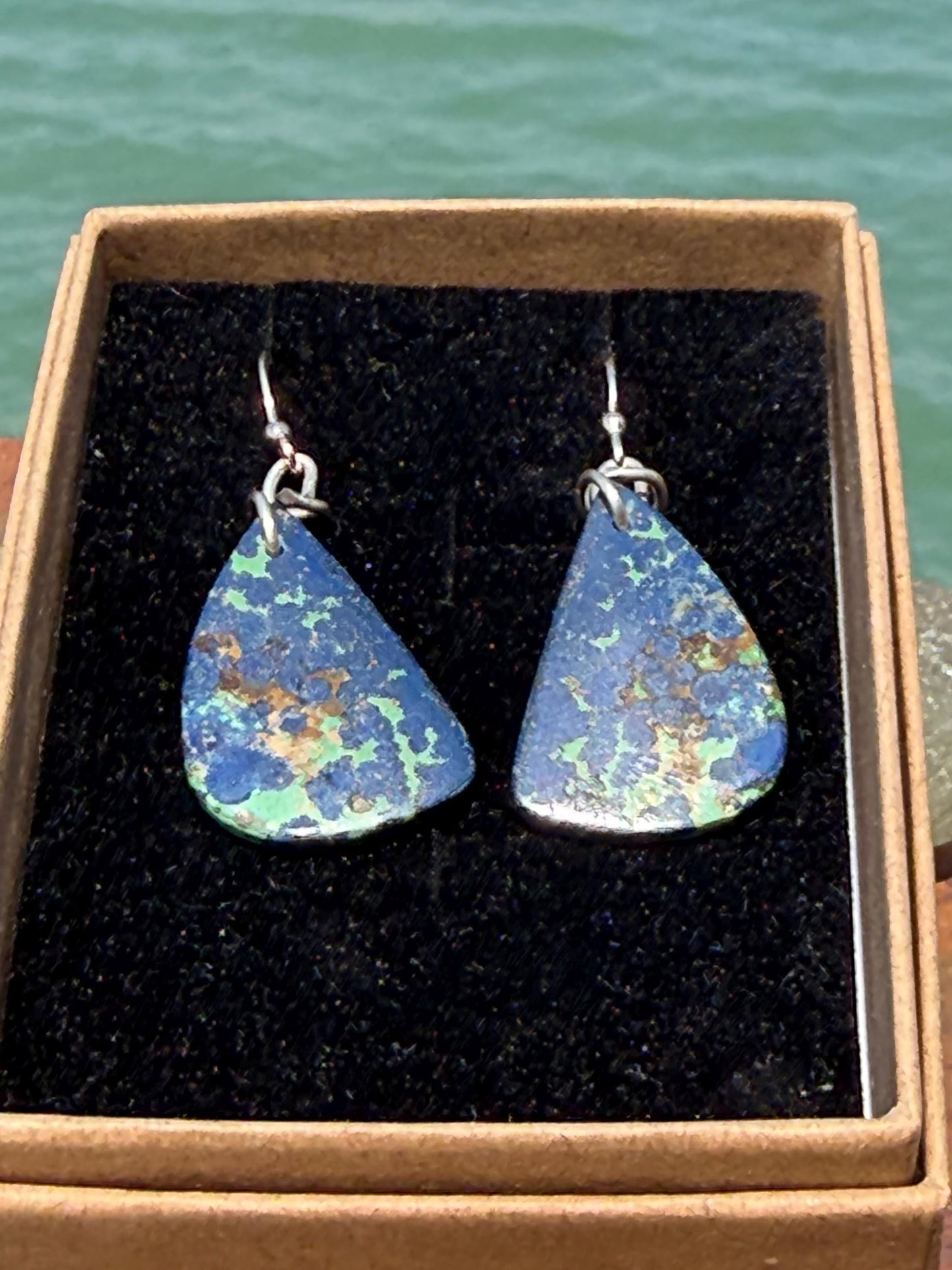 Chrysocolla gemstone earrings on recycled sterling silver. Ethical jewellery, blue gemstone earrings. Stunning unique jewellery. Unique gift