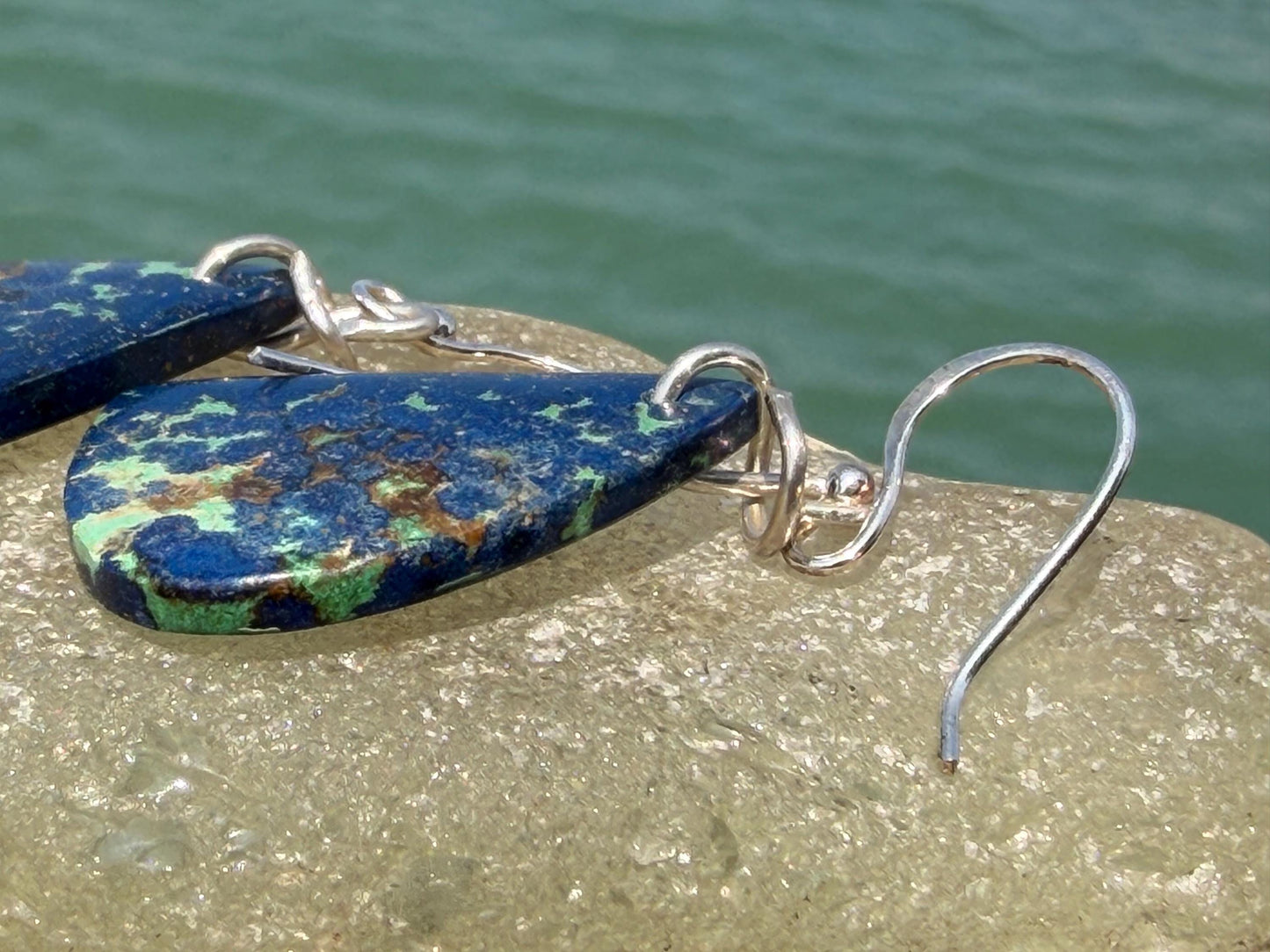 Chrysocolla gemstone earrings on recycled sterling silver. Ethical jewellery, blue gemstone earrings. Stunning unique jewellery. Unique gift