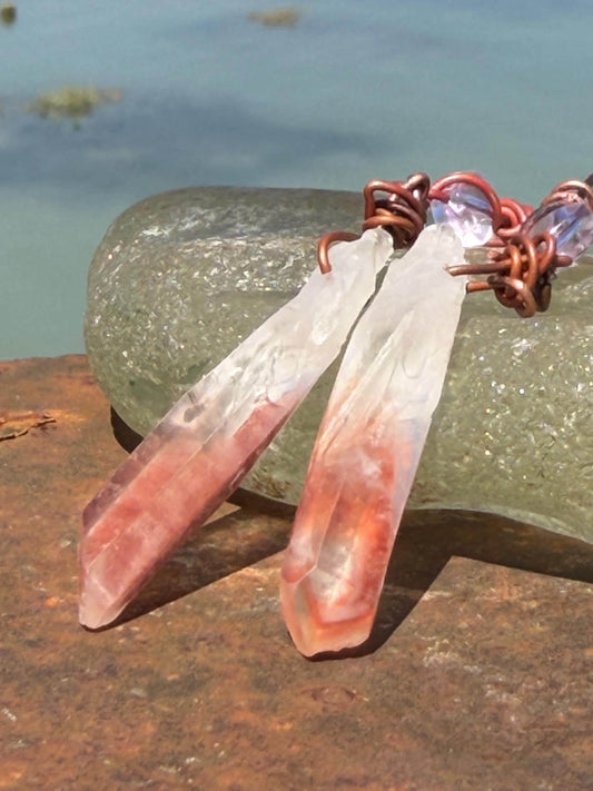 Ethically sourced agate gemstone earrings on recycled copper. Handmade pink earrings. Ethical jewellery, boho jewellery. Unique earrings.