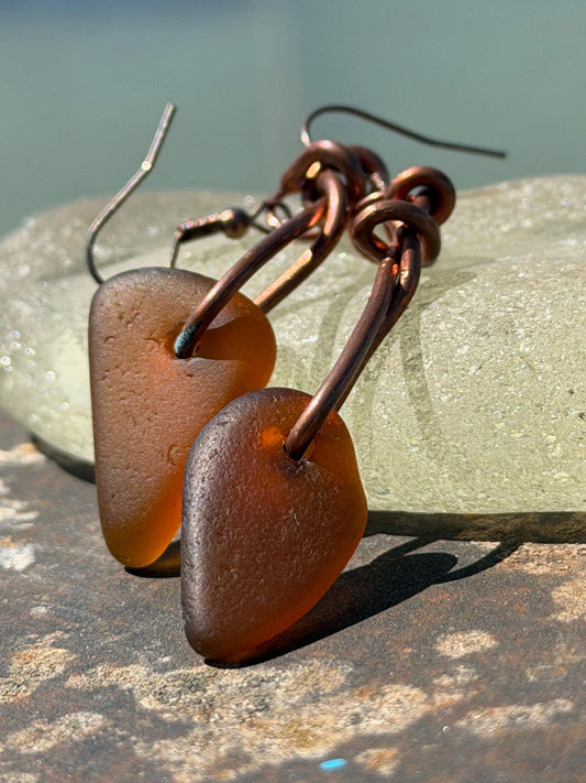 Sea glass and recycled copper earrings, unique earrings, ethical jewellery, unusual boho jewellery, sea glass jewellery, orange sea glass