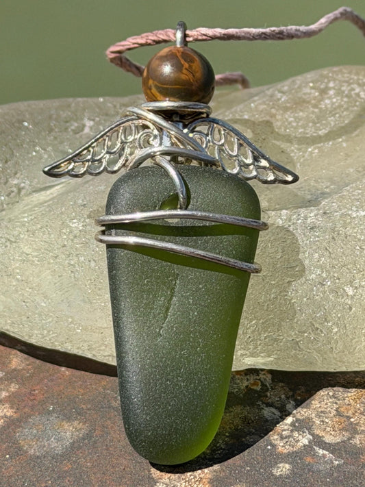 Guardian angel necklace, sea glass necklace, unique necklace, eco friendly gift for her. Ethical  jewellery, boho necklace, angel pendant