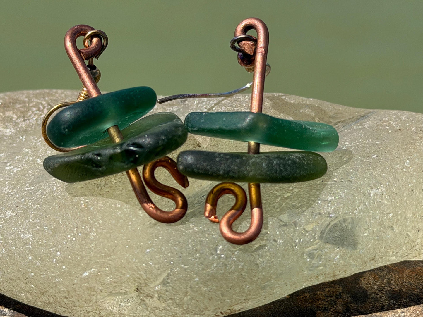 Handmade green sea glass on recycled copper. Unique earrings, ethical jewellery, unusual jewellery, eco friendly jewellery. Quirky jewellery