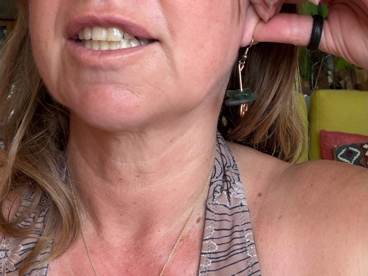 Handmade green sea glass on recycled copper. Unique earrings, ethical jewellery, unusual jewellery, eco friendly jewellery. Quirky jewellery