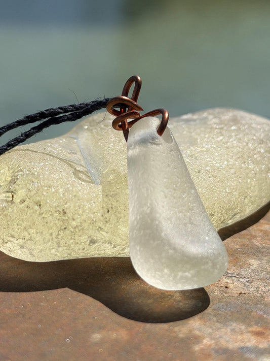 White sea glass necklace wrapped in recycled copper. Recycled necklace. Ethical jewellery. Sea glass pendant. Eco friendly necklace. Boho