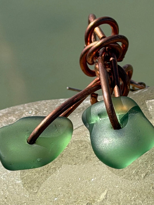 Handmade green sea glass on recycled copper. Unique earrings, ethical jewellery, unusual jewellery, eco friendly jewellery. Quirky jewellery