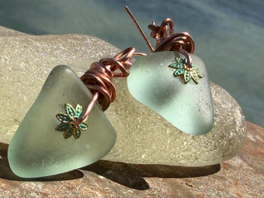 Eco friendly aqua sea glass and recycled copper earrings. Unique earrings, ethical jewellery, unusual boho jewellery, sea glass jewellery.