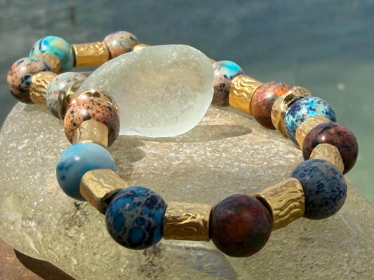 Ocean jasper & sea glass bracelet, handmade gift for him or her. Ethical jewellery, handmade unique jewellery. Unusual gifts for women