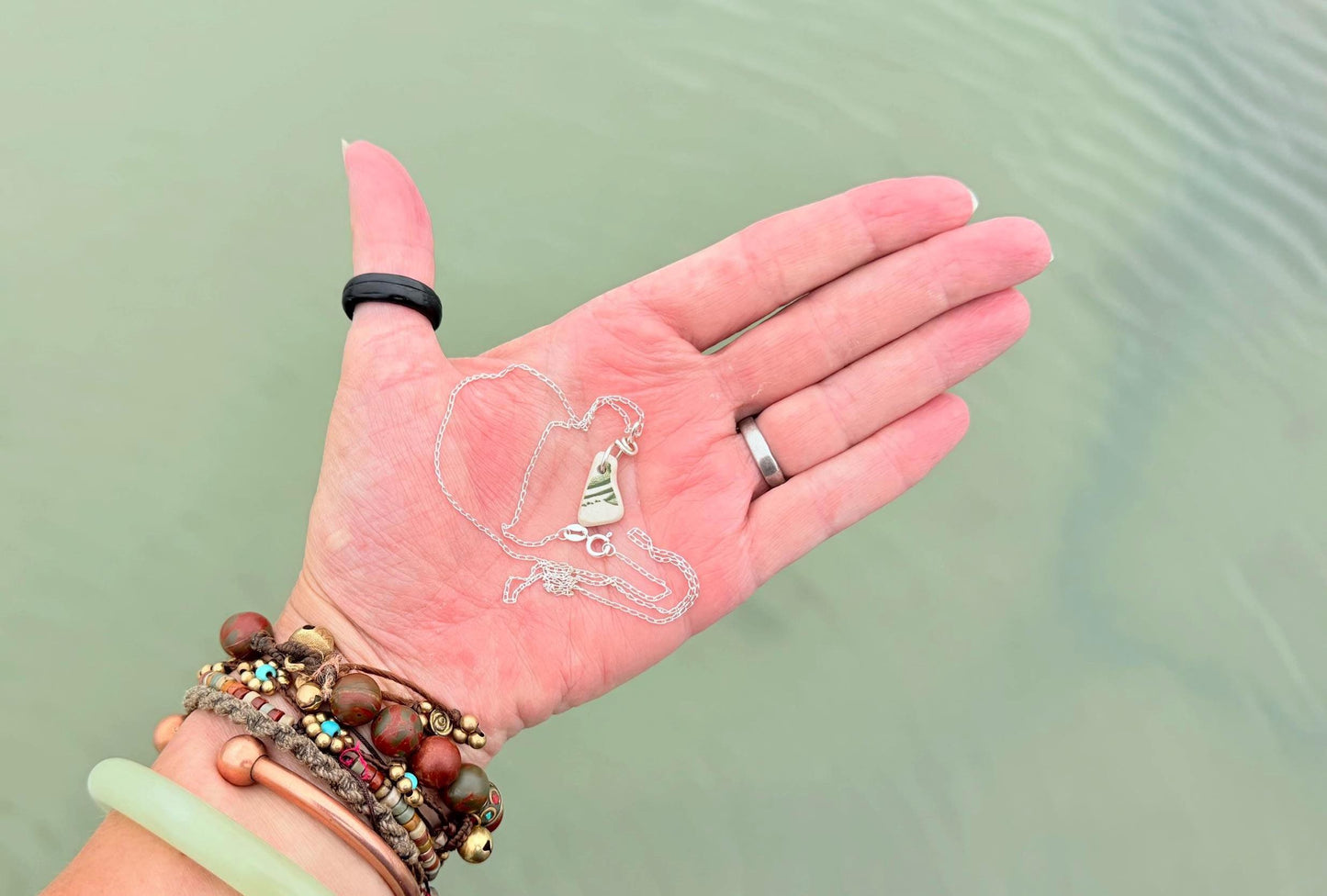 Eco friendly sea ceramic necklace on a sterling silver chain. Eco friendly jewellery, ethical jewellery. Eco friendly necklace.