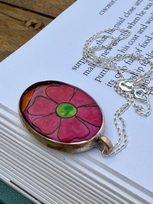 Bright joyful necklaces made with my own photos & recycled sterling silver. Eco friendly jewellery. Boho colourful pendants. Bright pink.