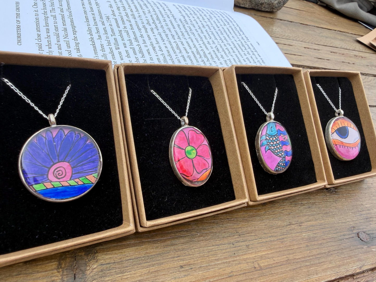Bright joyful necklaces made with my own pictures & recycled sterling silver. Eco friendly jewellery. Boho colourful pendants. Unique gifts