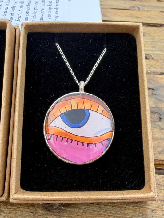 Handmade eye necklace. All seeing eye pendant on rcycled sterling silver. Eco friendly jewellery. Boho colourful pendants. Bright pink