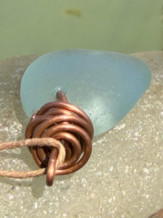 Aqua sea glass necklace wrapped in recycled copper. Recycled necklace. Ethical jewellery. Sea glass pendant. Eco friendly necklace. Boho