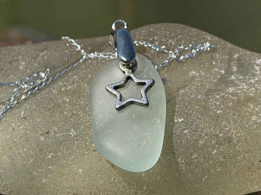 Eco friendly sea glass necklace on a sterling silver chain. Congratulations present, your a star, star necklace. Graduation gift, well done