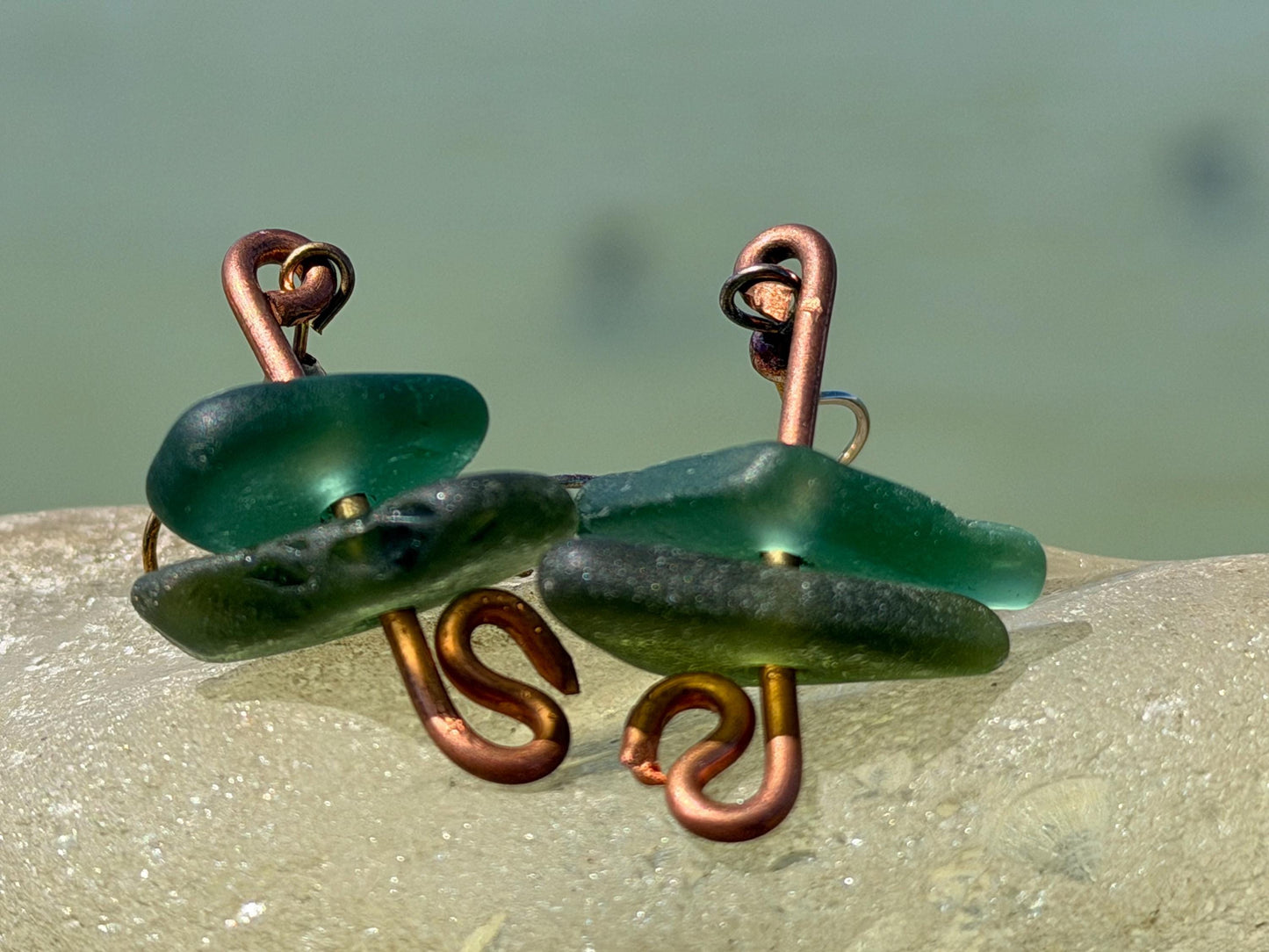Handmade green sea glass on recycled copper. Unique earrings, ethical jewellery, unusual jewellery, eco friendly jewellery. Quirky jewellery