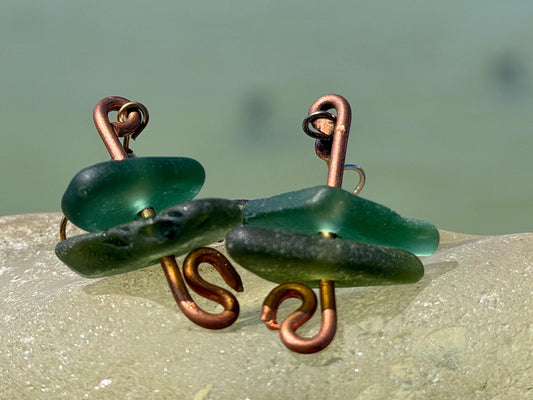 Handmade green sea glass on recycled copper. Unique earrings, ethical jewellery, unusual jewellery, eco friendly jewellery. Quirky jewellery