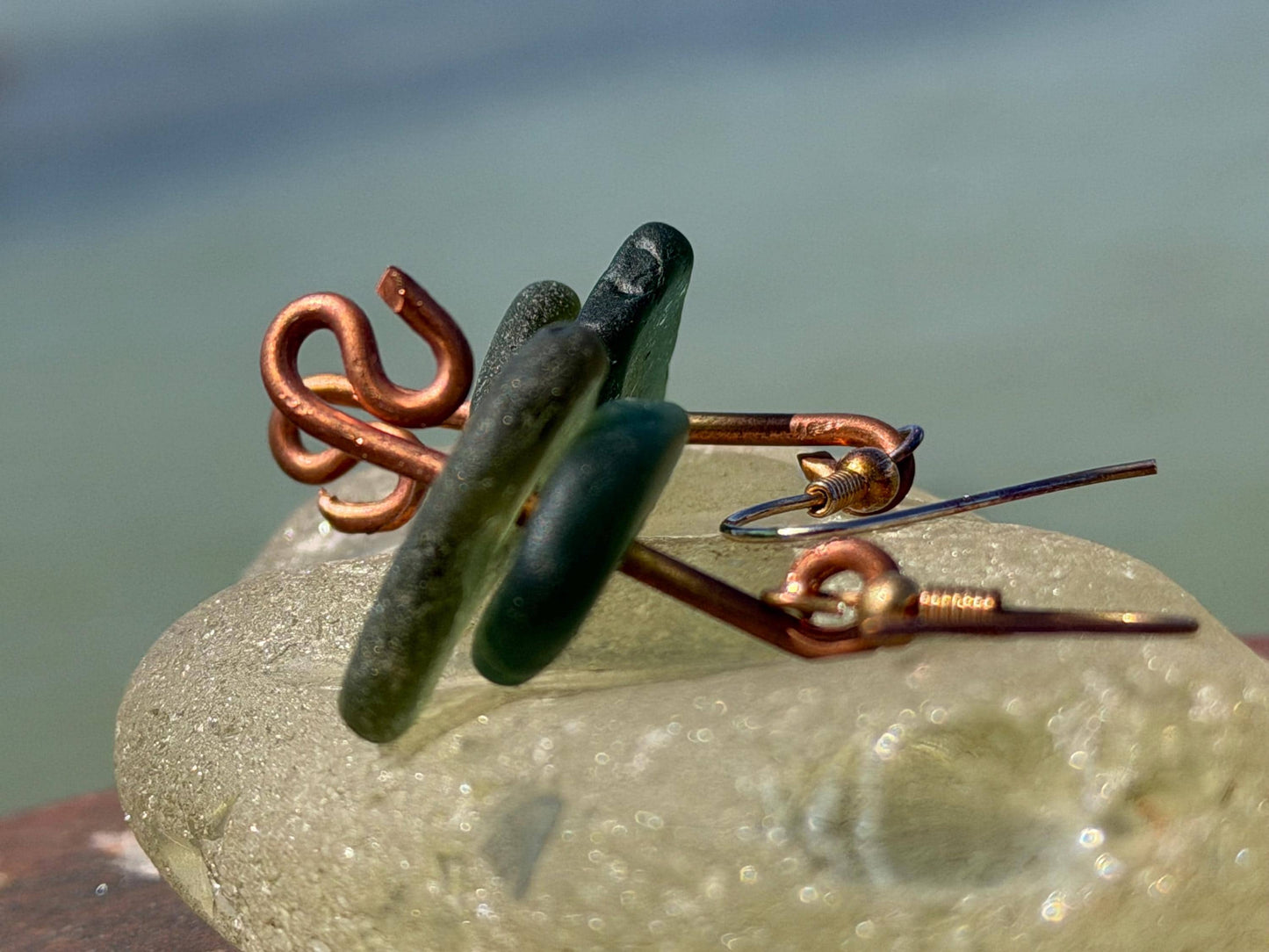 Handmade green sea glass on recycled copper. Unique earrings, ethical jewellery, unusual jewellery, eco friendly jewellery. Quirky jewellery