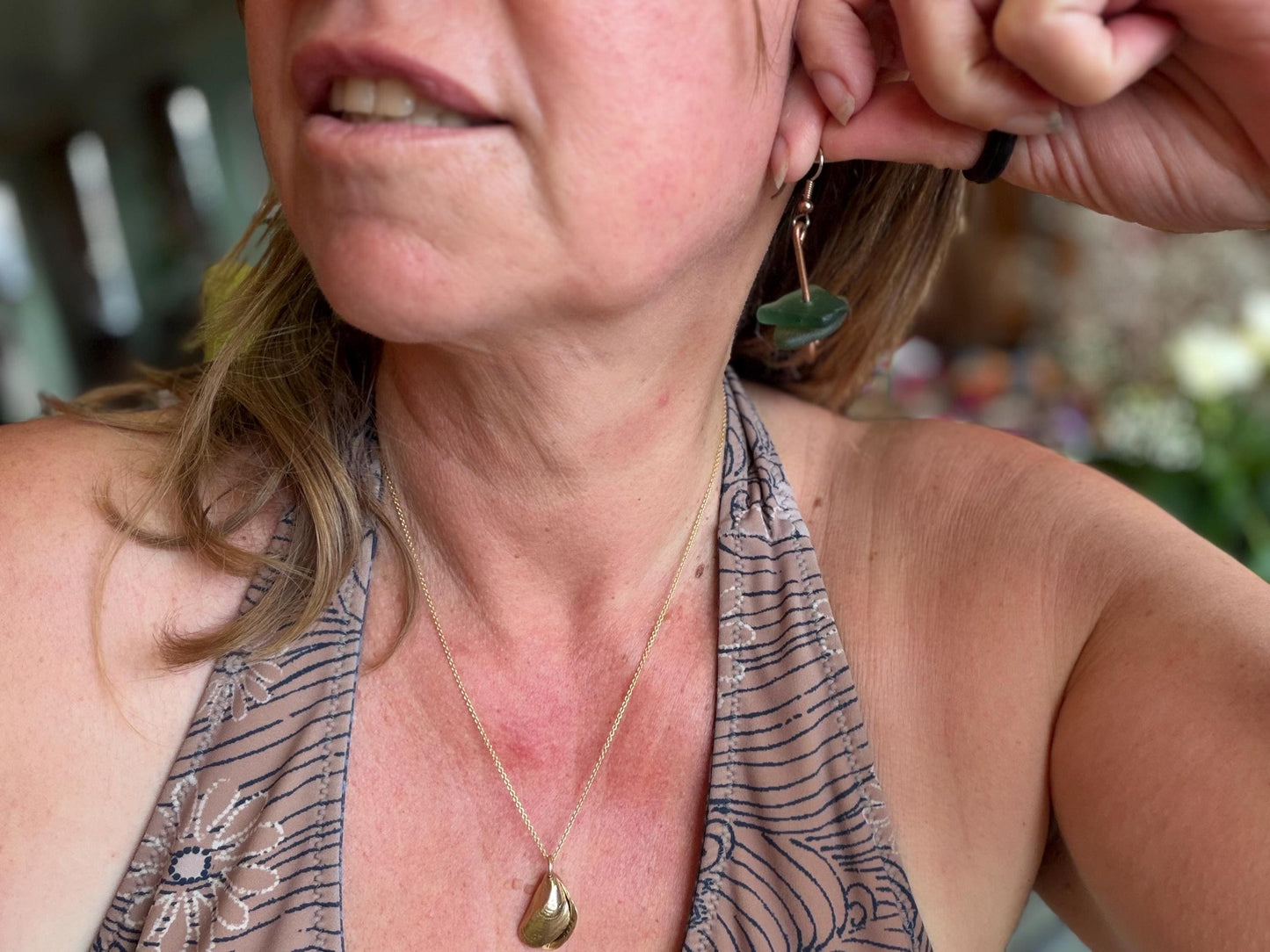 Handmade green sea glass on recycled copper. Unique earrings, ethical jewellery, unusual jewellery, eco friendly jewellery. Quirky jewellery