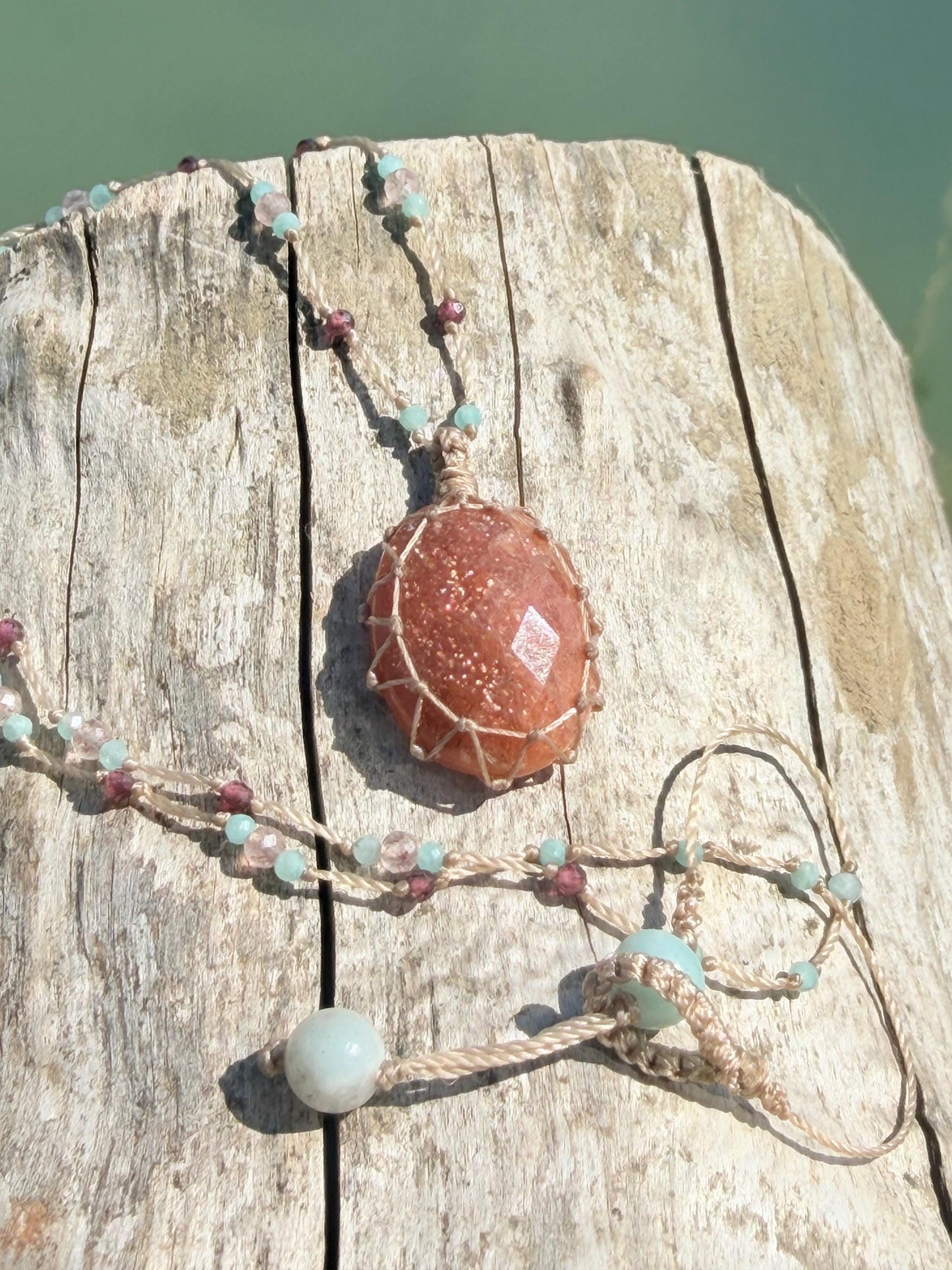 Sparkly handmade sunstone macrame necklace. Boho necklace, ethical jewellery, handmade necklace, unique gemstone necklace. Orange sunstone