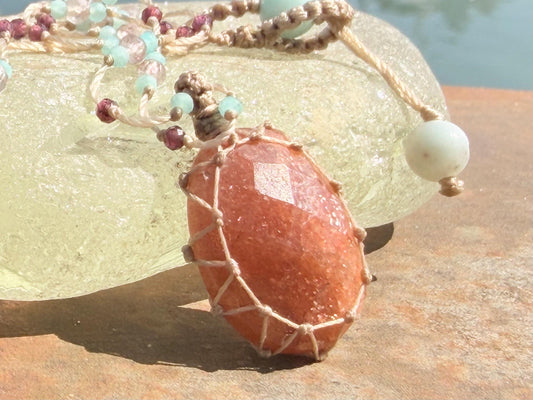 Sparkly handmade sunstone macrame necklace. Boho necklace, ethical jewellery, handmade necklace, unique gemstone necklace. Orange sunstone